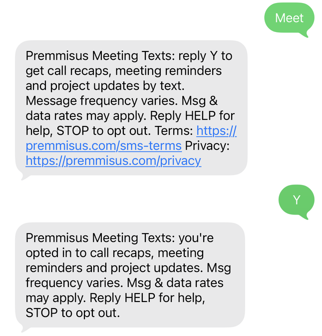 A phone's text thread with (917) 905-6758: the person texts Meet, receives the welcome asking them to reply Y, replies Y, and receives the opt-in confirmation.